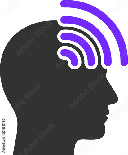 Conceptual illustration of a human head silhouette with purple wireless signal waves radiating from the brain