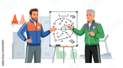 Sports coaches discussing strategy on whiteboard in locker room, illustrating teamwork, planning, and coaching in sports.