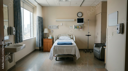 Clean and bright private hospital patient room with adjustable bed, medical monitor, and bedside furniture.