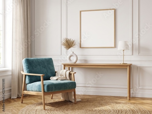 Cozy Modern Living Room With Teal Armchair, Wooden Console Table and Minimalist Decor

