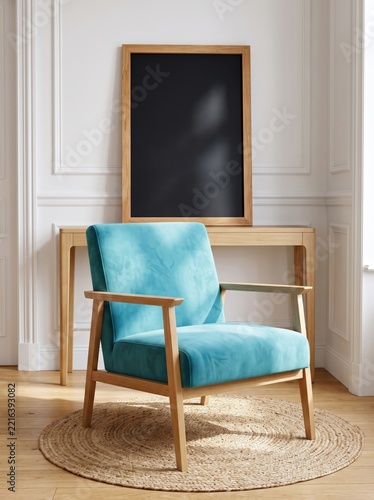 Modern Turquoise Armchair in Minimalist Living Room With Wooden Frame and Chalkboard Accent

