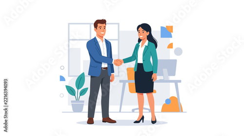 Business handshake between man and woman in modern office, partnership and agreement concept