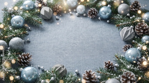 Winter Christmas background frame with blue silver baubles pine branches and central copy space