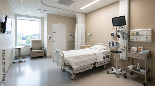 Modern hospital room interior with empty patient bed, medical monitoring equipment, and large window.
