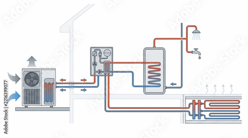 Technical diagram of an air-source heat pump system illustrating heating cycles, water tank, and underfloor heating circuit. HVAC technology and renewable energy concept. 