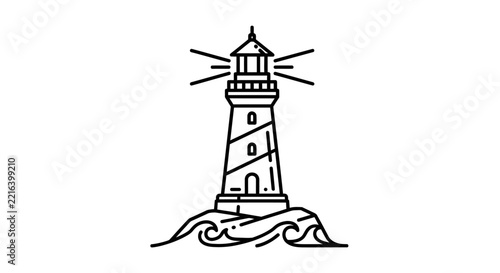 Minimalist Lighthouse Illustration on Rocky Shoreline with Waves, Nautical Beacon Guiding Ships at Sea