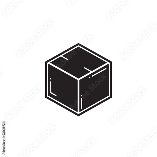 Minimalist Isometric Black Cube Icon with Outline, Simple Geometric Shape for Design and Branding on White Background