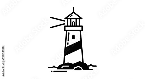 Minimalist Lighthouse Icon on Rocky Shoreline, Beacon of Hope, Guidance, Safety