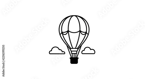 Minimalist hot air balloon icon with clouds, simple line art illustration, travel and adventure concept, white background.