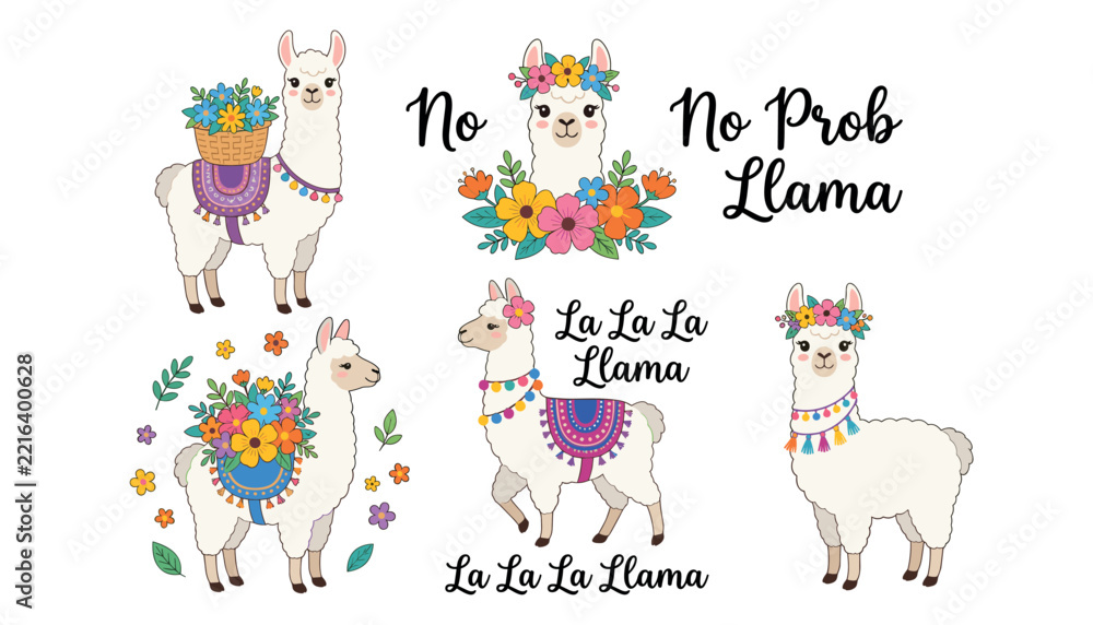Fototapeta premium Cute cartoon llama alpaca vector bundle with floral wreaths quotes and colorful pompom blankets stickers for crafting sublimation designs