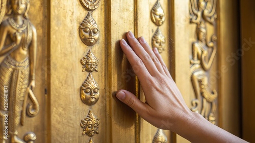 Hand Touching Intricate Gold Relief Artwork on Decorative Door