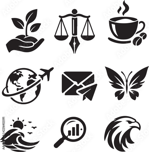 Nature Business Travel Communication Analytics and Leadership Black Icons