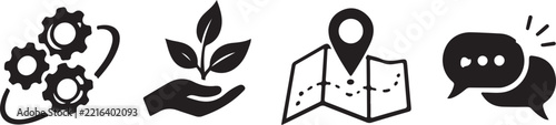 Business Management Sustainability Location and Communication Black Icons