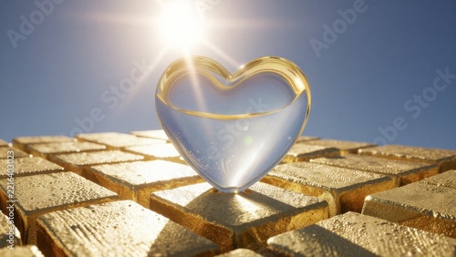 Heart-Shaped Glass Object on Gold Bars Under Bright Sunlight