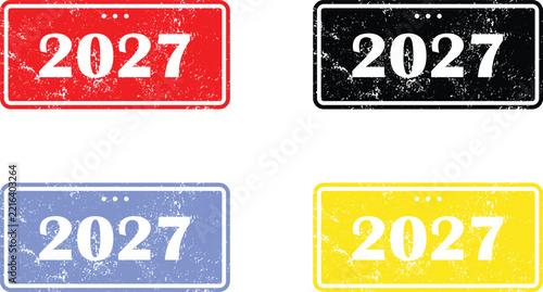 Set of colorful rectangular stamps featuring 2027 year date with distressed grunge text effects design