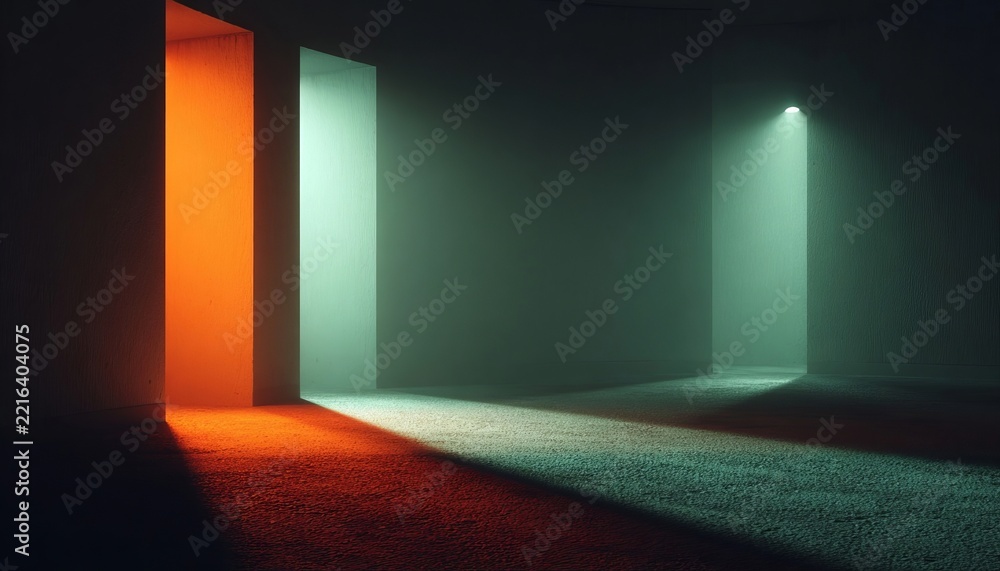 Fototapeta premium Abstract Dark Minimal Background With Atmospheric Fog And Dramatic Orange Or Teal Light Portals.