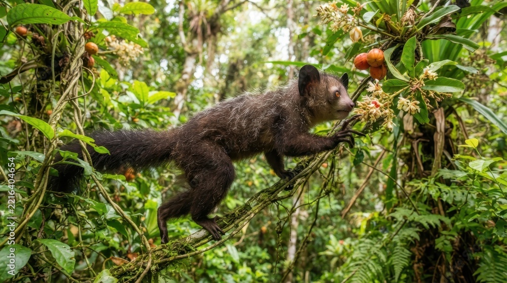 Fototapeta premium An aye-aye foraging for fruit within the lush canopy of a dense tropical rainforest environment