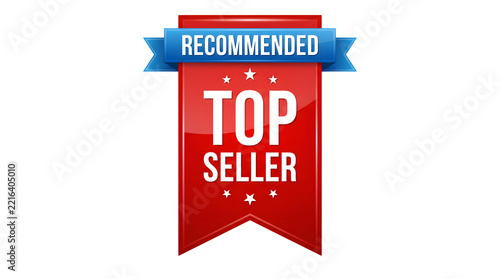 Elegant red and blue ribbon banner with RECOMMENDED and TOP SELLER text and stars on a transparent background