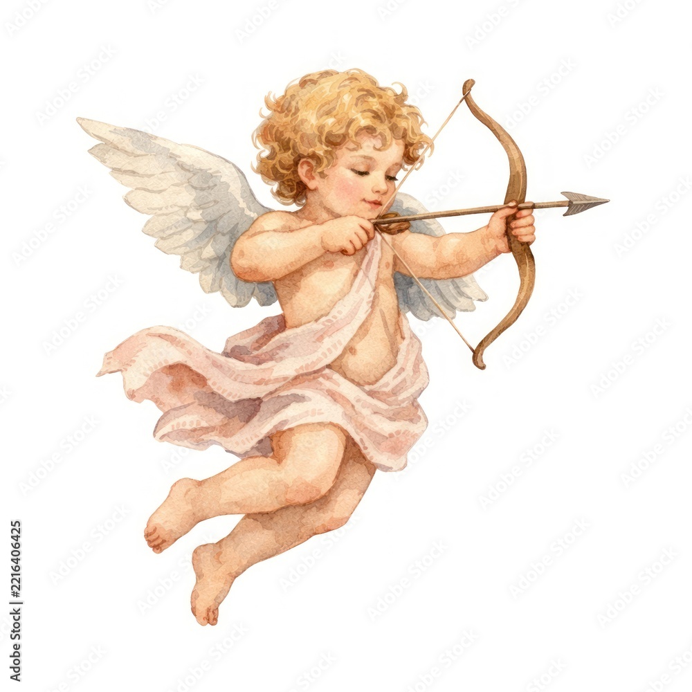 Fototapeta premium Charming cherub with bow and arrow illustration.