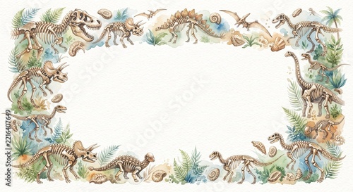 Frame of dinosaurs skeletons decoration bones, watercolor painting graphic