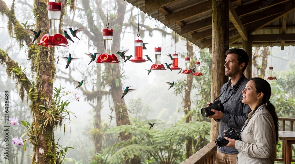 Fototapeta premium Travelers Watching Swarm of Hummingbirds at Cloud Forest Feeders