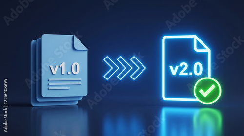 Document upgrade illustration showing version one to version two transition with checkmark