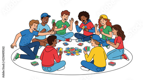 Flat design vector illustration of a diverse group of teenagers and young adults sitting in a circle on the floor playing a colorful card game, expressing joy and excitement.