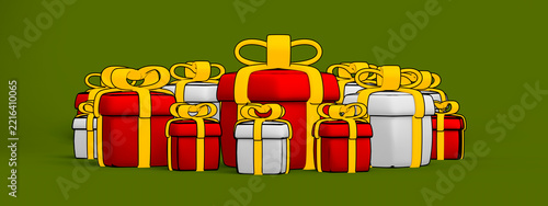 Christmas gift box lineup with red white package and gold bow on green background illustration