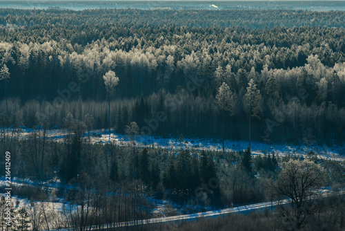 Winter landscape during sunrise in countryside , captured from above