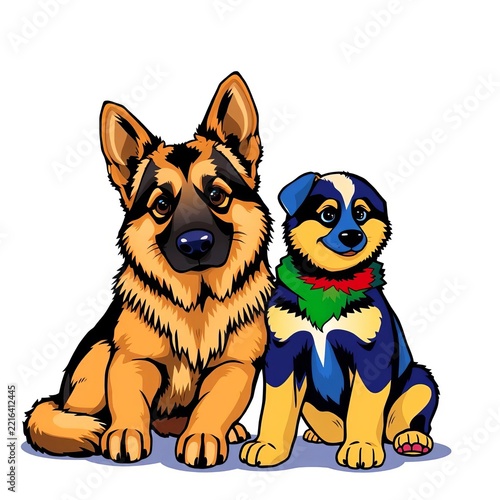 A German Shepherd adult dog sitting alongside a colorful sitting puppy illustration in vector format, cartoon, mixed media