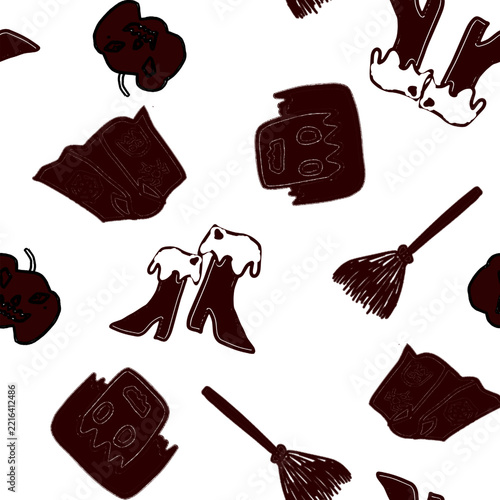 black and white random seamless background with fruits pumpkin, broom, Witch boots, Halloweens pattern repeat seamless style, replete image design for fabric printing