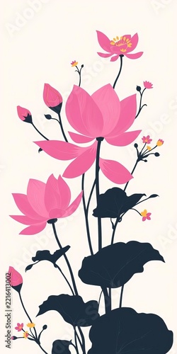 Floral silhouette pattern with delicate pink gold lotus flowers and leaves on a soft background, beauty, design