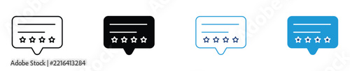 Customer review chat bubble icon set with star rating. Symbol of user feedback, testimonial comment, rating system, client satisfaction, opinion bubble, and review evaluation. 