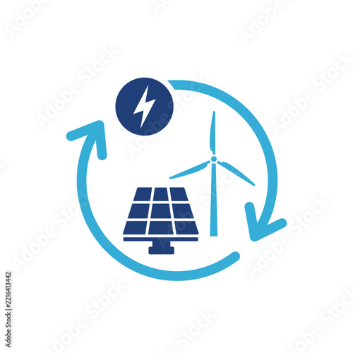 Renewable Energy Concept with Solar Panels and Wind Turbines in Green Landscape