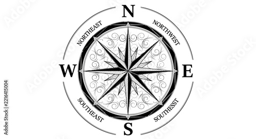 Vintage Compass Rose with Ornate Swirls, Cardinal Directions, Navigation Tool, Nautical Design