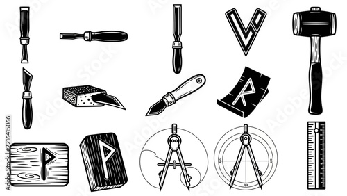 Vintage Craftsmanship Tools & Runes: Chisel, Hammer, Compass, Ruler, Knife, Isolated