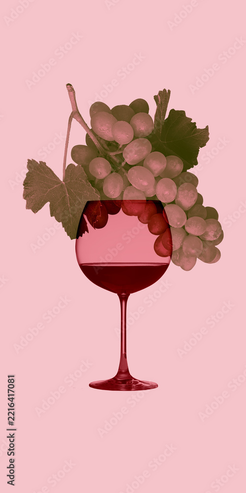 Naklejka premium Red wine glass overlapping grape cluster and leaves on pink background in collage. Wine bar menus, beverage packaging, vineyard tourism concept.