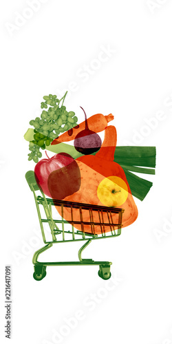 Miniature shopping cart filled with oversized translucent produce on white background in collage. Grocery delivery, supermarket promotions, food shopping apps concept.