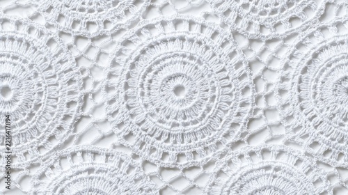Full frame bright white crochet lace background, highly detailed repeating circular mandala motifs, fine cotton thread, perfectly aligned openwork