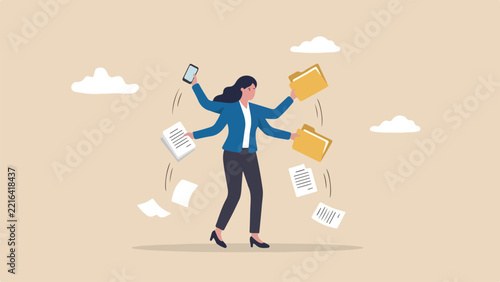 multitasking chaos productivity breakdown overload concept stressed businesswoman with six hands dropping various office documents and phone clean minimal flat vector illustration