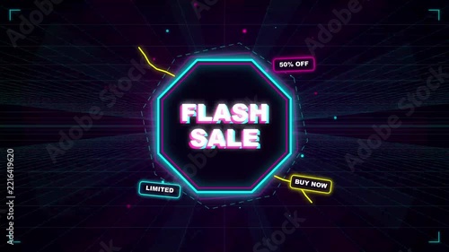 Flash Sale Neon Motion Graphic Background with Futuristic Retro Grid