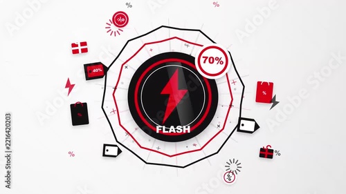 Flash Sale Promotional Motion Graphic with Discount Badges and Lightning Icon