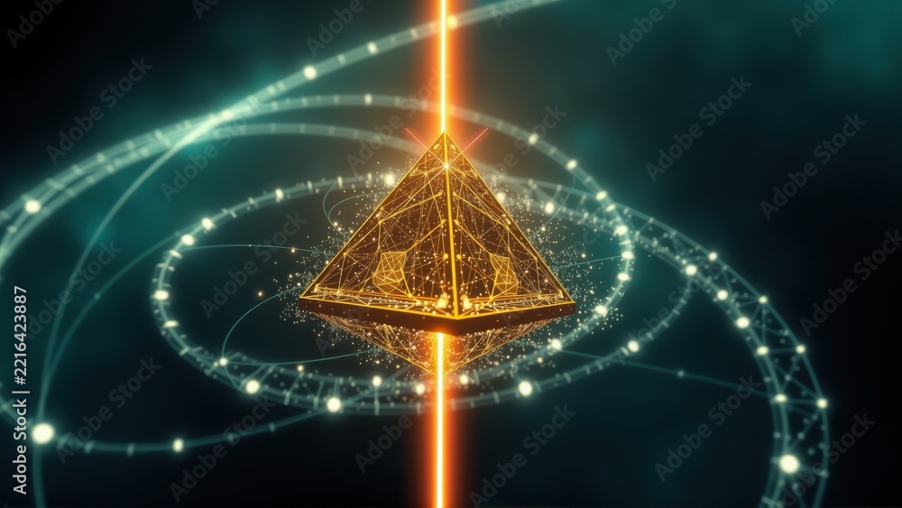 Fototapeta premium Golden pyramid glows, surrounded by orbiting lights. Abstract digital art, futuristic design, dark background creates depth.