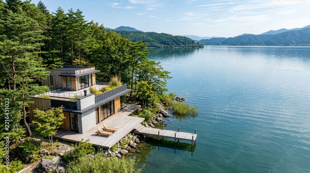 Fototapeta premium 森に囲まれた湖畔のモダン住宅と桟橋