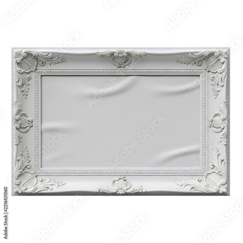 Ornate white picture frame with ruffled fabric inside during studio lighting for design