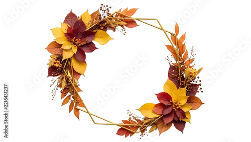 Golden geometric frame with autumnal foliage and poinsettia blossoms during daylight