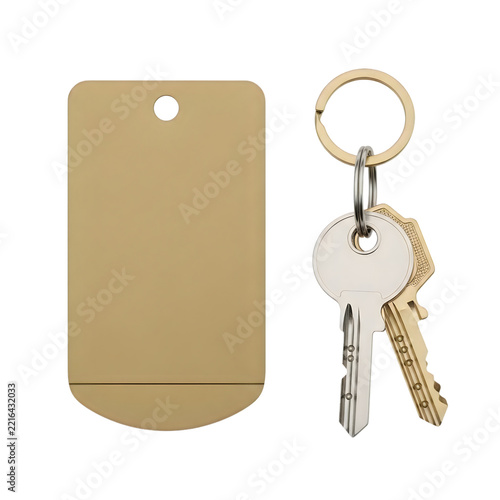 Golden Rectangle Keychain With Two Metal Keys On Ring During Studio Lighting