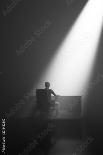 Office professional at a desk under harsh overhead scrutiny and isolation 3D