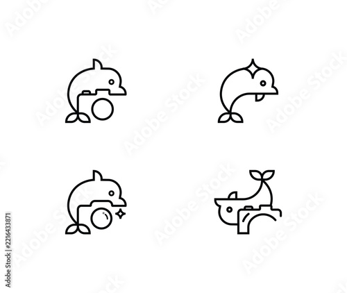 Dolphin Logo Icon Set with Minimalist Outline Marine Mammal and Ball Symbols Vector