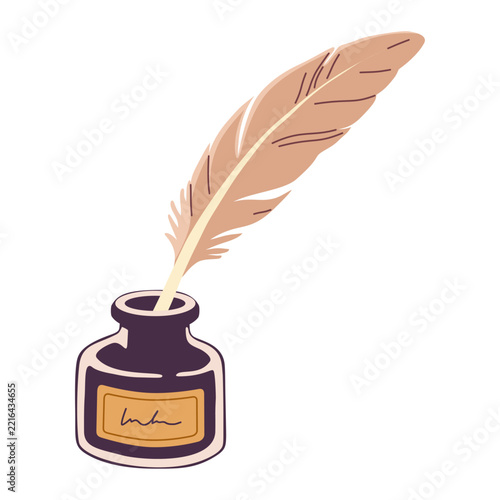 Flat Cartoon Quill Pen and Ink Bottle Illustration for Writing and Literature